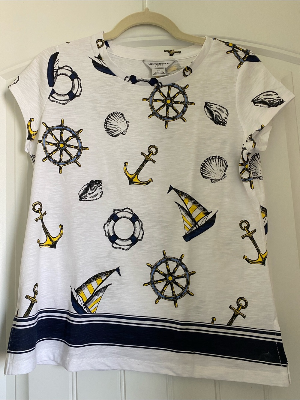 Nautical Print Tee - White with Navy & Yellow - Liz Claiborne Petite M